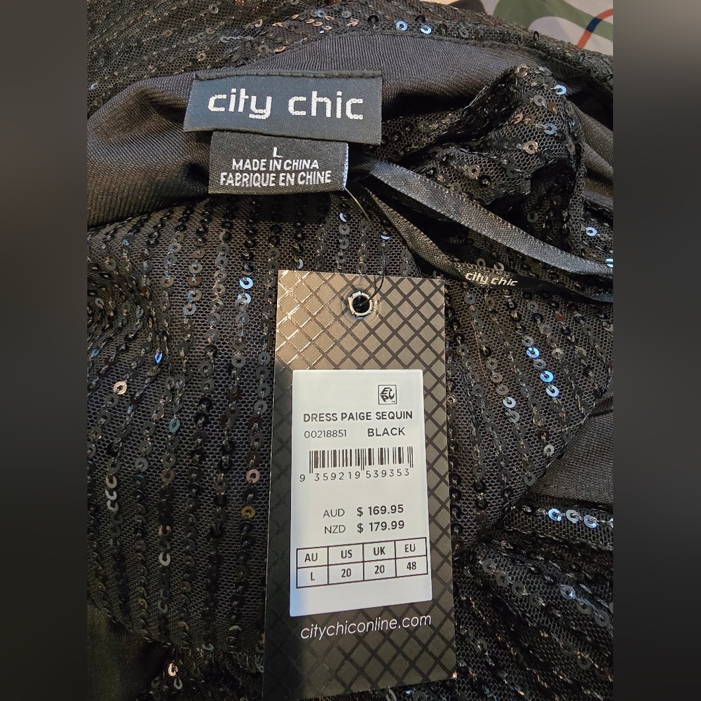 City Chic Black Sequin Paige Faux Wrap Cocktail Dress, NWT Sz L/20 - Picture 7 of 12